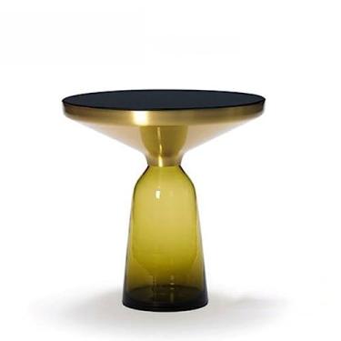 Imagem de Mesa lateral redonda moderna, mesa de cabeceira pequena mesa de centro para sala de estar, quarto, espaços pequenos, mesa de cabeceira moderna para decoração de casa com base de vidro simples (amarelo