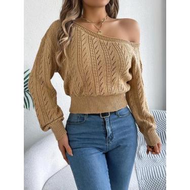 Imagem de Suéter De Tricô Feminino De Manga Longa Com Ombros À Mostra, Casual E 