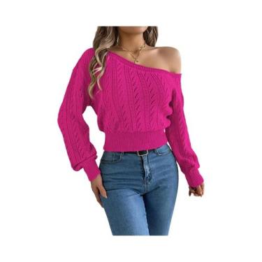 Imagem de Suéter De Tricô Feminino De Manga Longa Com Ombros À Mostra, Casual E 
