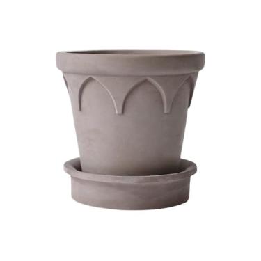 Imagem de Vaso de flores redondo de cimento, com orifício de drenagem e pires, boca de bacia com texturas geométricas, vaso de alívio, para quarto, peitoril da janela, jardim interno e externo (marrom)