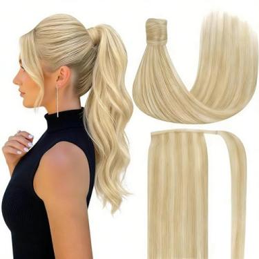 Imagem de Ve Sunny Extensão de Rabo de Cavalo Cabelo Humano Real para Mulheres Clipe em Rabo de Cavalo Extensão de Cabelo Liso Peças de Cabelo Liso Loiro Caramelo Loiro Platina 50,8 cm 80G