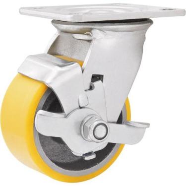 Imagem de Rodízio Giratório 6", de Poliuretano e Ferro Fundido, Amarelo, com Fre
