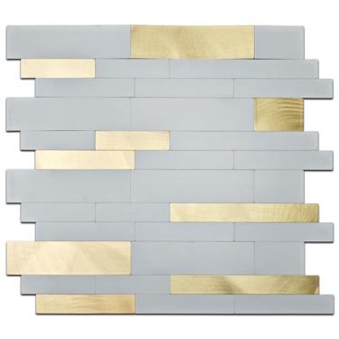 Imagem de Sanyeskkiy 10 peças de mosaico para descascar e colar, azulejos de parede autoadesivos impermeáveis resistentes ao calor para cozinha e banheiro, design de material misto (10, branco + dourado fosco)