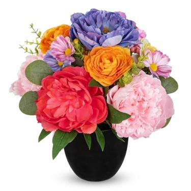 Imagem de Briful Arranjo de flores artificiais coloridas para decoração de mesa e mesa – Peça central floral falsa alegre em vaso preto moderno, sem manutenção, decoração de casa e escritório