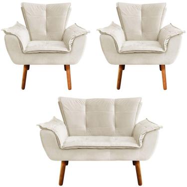 Imagem de Conjunto 2 Poltronas E 1 Namoradeira Pés Palito Charger Veludo Bege G19 - Gran Belo