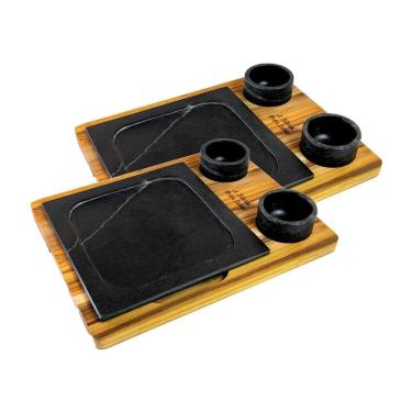 Imagem de Kit 2 Prato Com 04 Molheiras Pedra Sabão E Suporte G 25x25cm