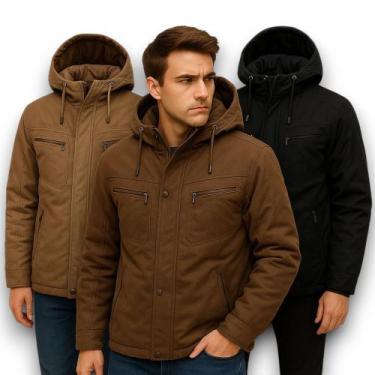 Imagem de Jaqueta Masculina Sarja Forrada Com Pelo Capuz Removível Peluciada Fri