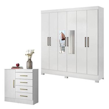Imagem de Cômoda Montevidéu E Guarda Roupa Casal Prático Branco Com Espelho - Demóbile