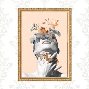 Imagem de Quadro Moldura Dourada Mulher Flores Rosê 24X18Cm