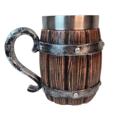 Imagem de Caneca Medieval Artesanal Barril Geek 3D em Resina Copo em Aço Inox Gr