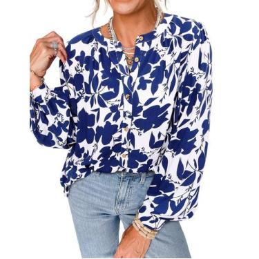 Imagem de Camisa PRETTYGARDEN XL Branca com Estampa Floral Azul e Botões