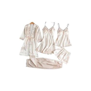 Imagem de Conjunto de pijama feminino de cetim, 5 peças com painéis de renda, no