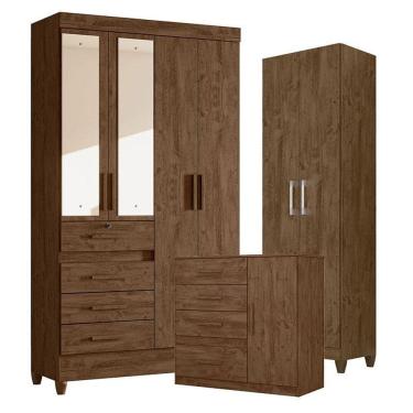 Imagem de Guarda Roupa com Espelho Solteiro Sobral com Cômoda Vênus e Armário Multiuso New Íris Castanho Wood – Moval