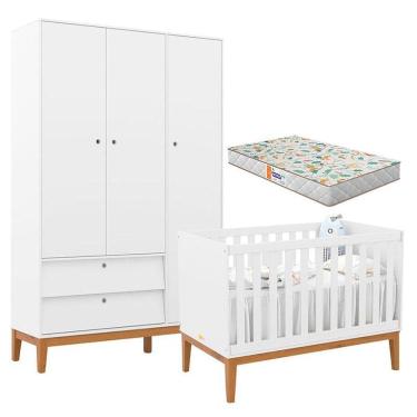 Imagem de Berço Americano e Guarda Roupa Unique 3 Portas Branco Soft Eco Wood com Colchão Gazin - Matic
