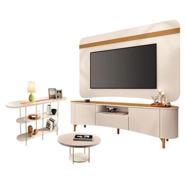 Imagem de Rack Bancada Elara e Painel Armony Off White Cinamomo com Mesa de Centro Sky e Aparador Infinity Off White - HB Móveis