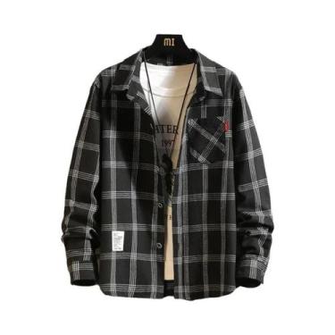 Imagem de Camisa Xadrez Masculina De Verão Manga Longa Com Botão E Bolso Casual 