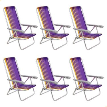Imagem de Kit 06 Cadeiras de Praia Reclin.Tramontina Bali Baixa em Alumínio c/ Assento Roxo e Amarelo 92900103