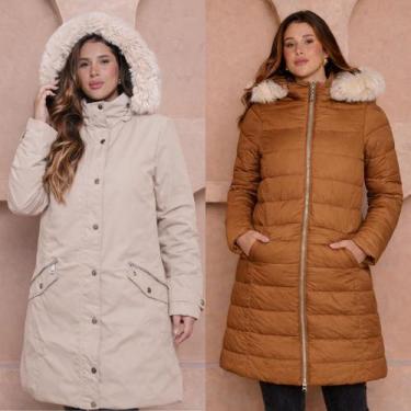Imagem de Sobretudo Alongado Puffer Dupla Face com Capuz Peluciado COR:TERRA-GEL