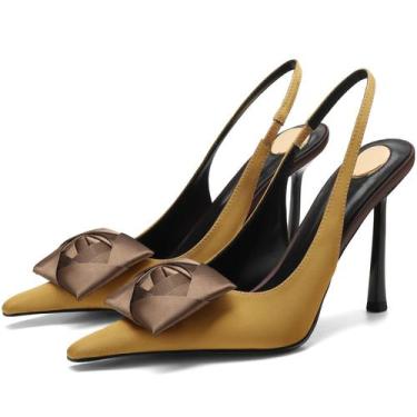Imagem de Bombas femininas Slingback Rogerdream, flor, cetim, mostarda, amarelo