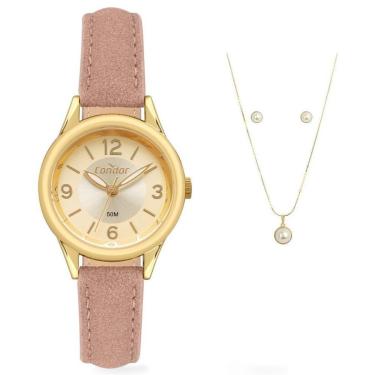 Imagem de Relógio Feminino Condor Dourado Pequeno Kit Colar E Brincos-Feminino