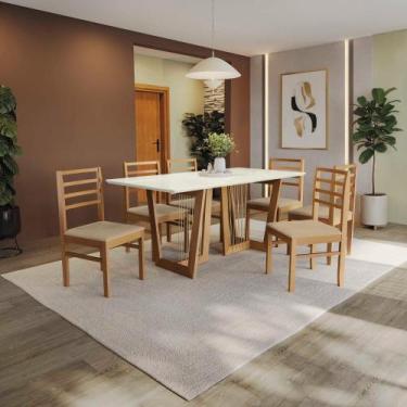 Imagem de Conjunto Sala de Jantar Elisa em Madeira Maciça 6 Cadeiras Boucle Bege