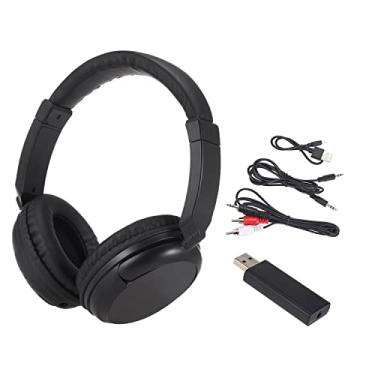 Imagem de Fone de ouvido FM sem fio fone de ouvido de música com transmissor 3,5 mm e RCA fone de ouvido com fio suporte rádio FM para TV PC telefones MP3 player preto