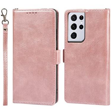 Imagem de Capa carteira para Samsung Galaxy S21/S21 Plus/S21 Ultra, bloqueio de RFID, capa de couro de poliuretano com alça de pulso e compartimentos para cartões, capa protetora flip magnética, rosa, S21 Ultra 6,8 polegadas