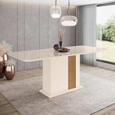 Imagem de Mesa 200 x 90 cm Sala De Jantar Cozinha Arredondado Vidro MDF Branco Off White Madeira Nature Flex
