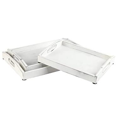 Imagem de Bandeja de madeira branca rústica vintage MyGift com alças de corte oval, conjunto com 3