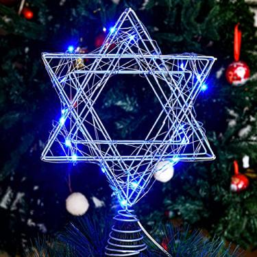 Imagem de Topo de árvore de Natal estrela Chanukah de 24 cm com LED estrela de vime topo de estrela de árvore de natal 3D decoração de estrela em forma de estrela para Hanukkah Natal Diwali (prata com luz azul)