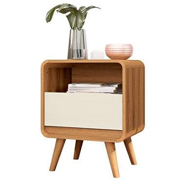 Imagem de FabriMoveis Mesa de Cabeceira Retrô Compacta 1 Gaveta 1 Nicho Channel - Altura: 57cm, Largura: 45cm e Profundidade: 35cm - Nature Off White