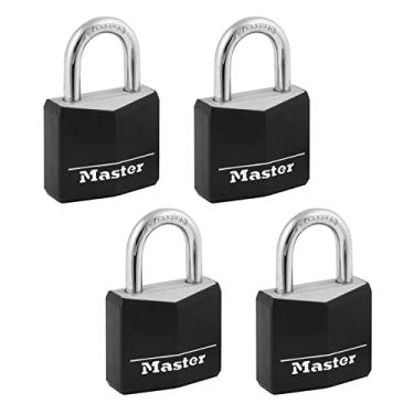 Imagem de Master Lock Cadeado preto para uso externo, cadeado padrão resistente ao clima com capa, cadeados com chave semelhantes para armários, cercas, galpões ou outros equipamentos, pacote com 4, 131Q