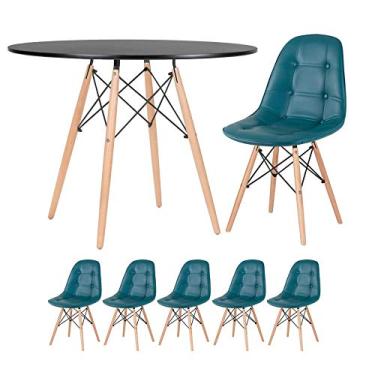 Imagem de Loft7, Kit Mesa Eames 100 cm preto + 5 cadeiras estofadas Eiffel Botonê turquesa
