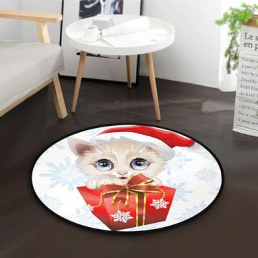 Imagem de Feliz Natal gato vermelho branco 9,5 x 9,5 cm tapete de área redondo antiderrapante pequeno acento tapetes desgastados tapete de chão para tapete de porta entrada quartos decoração de lavanderia 90 cm