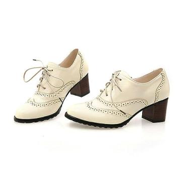 Imagem de ZIRIA Sapatos de salto alto grosso e grosso marrom PU bico redondo designer brogues casual escritório senhora cadarço sapatos vintage, Bege, 10 US