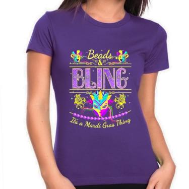 Imagem de Camiseta feminina divertida de carnaval com miçangas e bling It's a Mardi Gras camisa NOLA camisa Mardi Gras roupa de carnaval para mulheres, Roxa, G