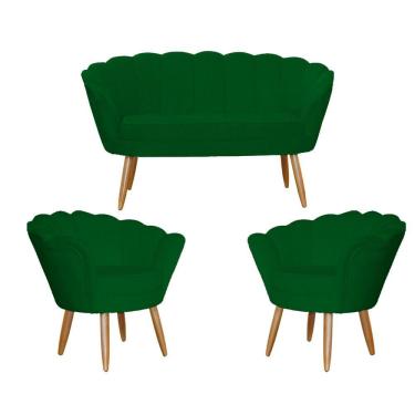 Imagem de Kit Pétala Namoradeira e 2 Poltronas Decorativa Pés Palito Veludo Verde - LM DECOR