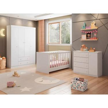 Imagem de Jogo De Quarto Para Bebê Helena Com Guarda Roupa 4 Portas + Cômoda + Berço Mini Cama - Phoenix Baby