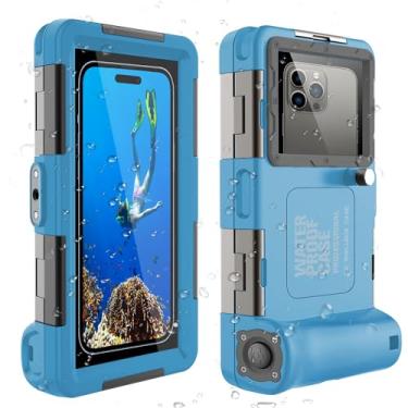 Imagem de Djuiofdja Capa de telefone de mergulho, carcaça profissional para mergulho subaquático, protetor impermeável IP68, para iPhone Samsung Google LG fotografia universal mergulho capa de celular azul cinza