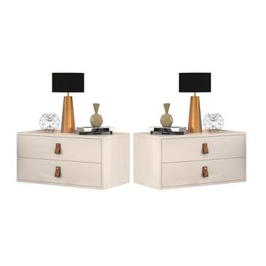 Imagem de Casa Detalhe, Kit Mesa de Cabeceira lateral Criado Unic 60cm Suspenso Off White 2 Gavetas Corrediças Telescopica