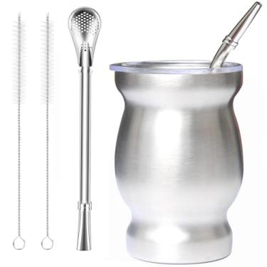 Imagem de Beruth Bombilla Yerba Mate Gourd, conjunto de chávenas de chá de aço inoxidável de 227 g com tampa, dois canudos e escovas de limpeza, caneca de café de parede dupla, isolamento térmico antiqueimadura