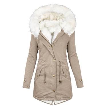 Imagem de BFAFEN Casacos femininos quentes de inverno com capuz jaqueta parca militar espessa jaqueta de algodão forrada com lã casual, Caqui, XXG