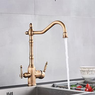 Imagem de Torneira de cozinha com filtro dourado, torneira purificada de água quente e fria, torneira de latão antigo, torneira de pia para cozinha, latão antigo