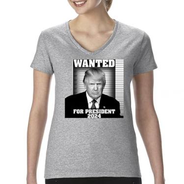 Imagem de Camiseta feminina com gola V Donald Trump Wanted for President 2024 Mugshot MAGA America First Republican Conservative FJB Tee, Cinza, XXG