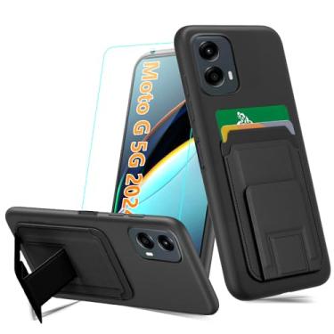 Imagem de Capa para celular Motorola Moto G 5G 2024/G Play 5G 2024 com protetor de tela de vidro temperado, porta-cartões dobrável/compartimentos para suporte/carteira com suporte, capa protetora de silicone