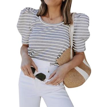 Imagem de Tankaneo Camisetas femininas casuais de verão listradas bufante manga curta ajuste solto túnica top, Cinza claro, P