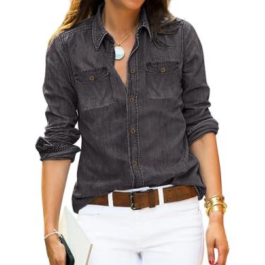 Imagem de luvamia Camisa jeans feminina cambraia jeans western manga longa abotoada, Cinza escuro, M