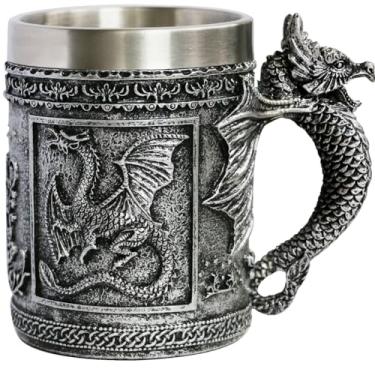 Imagem de Caneca de dragão rugindo medieval - Copo de cerveja Dungeons and Dragons Beer Stein Tankard - Caneca de café inoxidável de 400 ml para colecionador GOT Dragon Lovers - novidade ideal gótica decoração de festa para presente de dia dos pais