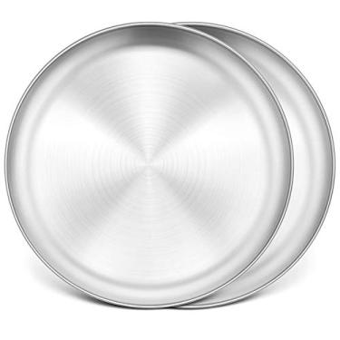 Imagem de P&P CHEF Conjunto de 2 formas de pizza, bandeja de pizza de aço inoxidável, prato redondo de pizza para bolinho, não tóxico e resistente, pode ser lavado na lava-louças e fácil de limpar, 33,5 cm e