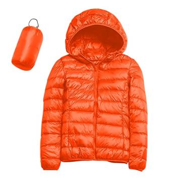 Imagem de Jaqueta feminina acolchoada para inverno, quente, leve, com capuz, caimento justo, casaco curto com capuz e capuz, A - laranja, P